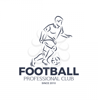 Football professional club since 2010 badge with footballer male running with ball sketch outline. Sportive man in motion fights for fame of his club vector