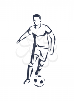Sportive man running with ball playing football. Male wearing form shorts t-shirt in motion. Active athletic sportsman isolated on vector illustration
