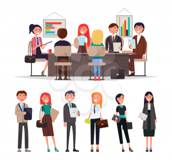People on business meeting sit at table, exchange information and discuss business issues vector illustration isolated on white, cartoon men and women