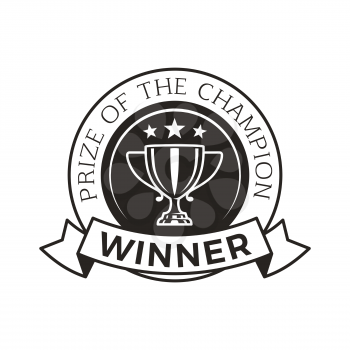 Prize of champion, winner award badge for successful person, leadership concept, circular object with headline, stars and trophy vector illustration
