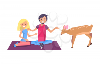 Man and woman sitting on blanket and feeding deer from hand, smiling people communicating with nature, boy and girl and doe vector illustration