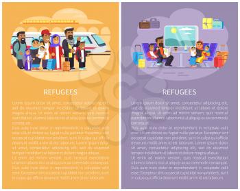 Refugees posters collection with people having different emotions concerning journeys, family traveling by train, railway stations vector illustration