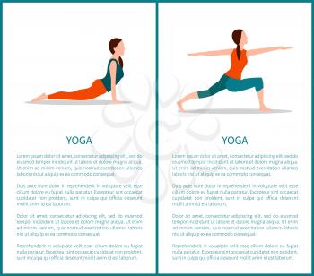 Yoga warrior and up dog positions on banners. Women in sporty wear, trousers with sleeveless shirt, text sample, sport exercises vector illustrations.