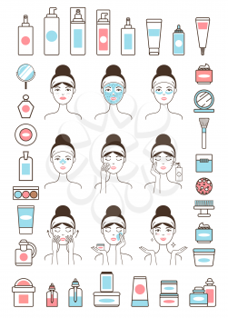 Woman takes care of her face skin surrounded with creams and lotions in bottles and jars isolated cartoon vector illustrations on white background.