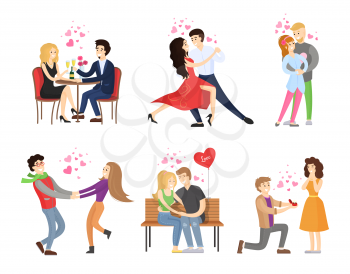 Boyfriend and girlfriend rest in restaurant, dance tango, embrace and merrily hugs on bench, man makes proposal to woman vector illustration isolated set