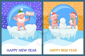 Happy New Year piglets building snowman from snow vector. Chinese zodiac, glass baubles with pigs inside, snowfall outdoors. Animals winter holiday