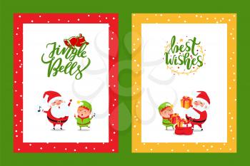 Framed greeting cards with Christmas characters. Vector New Year congratulation postcards with Santa Claus singing songs, Elf putting presents in sack