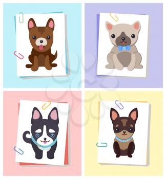 Puppies and dogs poster set, collection of pets pictures, creatures of different breeds and colors, isolated on vector illustration. Dog on a piece of paper clamped with a paper clip