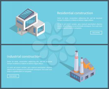 Residential and industrial constructions set of website constructions with text sample and letterings, vector illustration isolated on blue background
