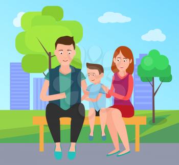 Family mother father and son sitting on bench in city park on background of buildings. Parents spend time with child vector illustration cartoon characters