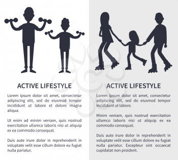 Active lifestyle, picture with people silhouettes, black and white vector illustration, text sample, active parents skating on rollers and do sports