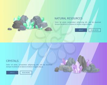 Natural resources crystals among rocks and stones vector illustration web posters set with crystals and minerals, mineralogy web landing pages with text