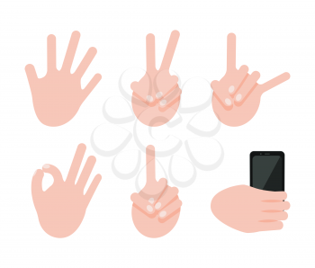 Various gesture collection, vector illustration isolated on white ok and rock signs, peace and hello gestures wrist holding a phone, hand language