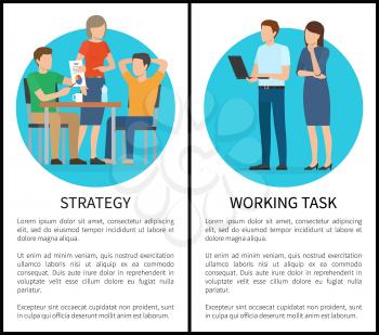 Strategy and working task vector illustration with blue circle, five office workers with black laptop and color schedule, black text sample and frame