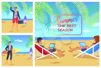 Summer the best season cute vector illustrations with two business men in suits, pair lying in bright lounges with working laptops, good hot weather