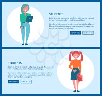 Student girls set of posters push buttons read more and contact us, schoolgirls in cartoon style, smartphone and handbag, notebook for studying vector