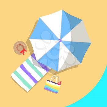 Vector illustration of blue-and-white sun umbrella, female hat, colorful bag with sunscreen in it and striped towel. Poster depicting sandy beach.