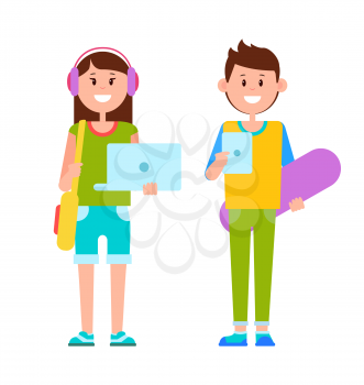 Two joyful teenagers dressed in casual clothes, bright blue laptop and tablet, lilac skateboard and headphones, vector illustration isolated on white