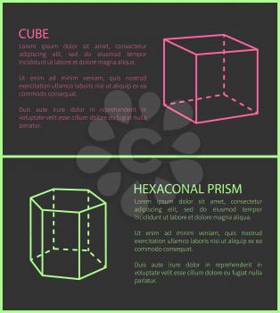 Cube and hexagonal prism, set of posters with text sample and letterings, cube and prism, geometric shapes, vector illustration isolated on black