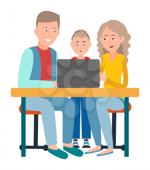 Parents and son sitting in front of open laptop watching movie or doing homework together. Family on chairs at table study with help of computer vector