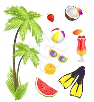 Summer and items collection, tree and strawberry, coconut and glasses, watermelon and flippers, cocktail and summer elements, vector illustration