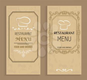 Restaurant menu with drinks and food templates. Menu of vintage design with chef hat logo. Prestigious restaurant menus covers vector illustrations.
