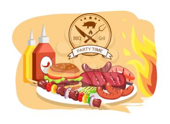 BBQ grill, party time, color vector illustration, label with meat fork and knife, stripe with text sample, lot of barbecue meat, sauces set, big flame