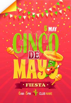 Cinco de May fiesta bright promo poster with cactus in sombrero that holds guitar. Cinco de May Mexican holiday advertisement banner with garland.