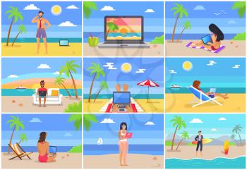 Freelancers at work seaside, people busy with working tasks, sun and beach, palms and calm atmosphere, collection freelancers vector illustration