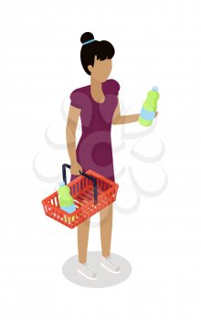 Woman standing with shopping basket full of beverages isometric vector. Shopping daily products concept isolated on white background. Female character template make purchases in grocery store icon