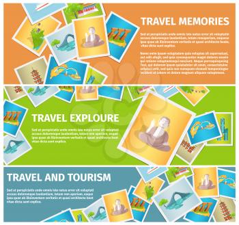 Travel memories and tourism explore web banners set. Scattered photos with famous asian attractions flat vectors. Travel agency horizontal flyers or banners collection