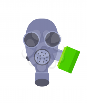 Grey gas mask with green filter canister, round impact resistant lenses and voicemitter in middle isolated vector illustration on white background