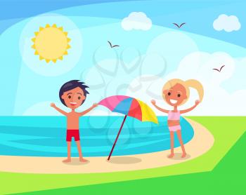 Small boy and girl playing under sun on sandy beach with colorful umbrella in hot summertime vector illustration in graphic design