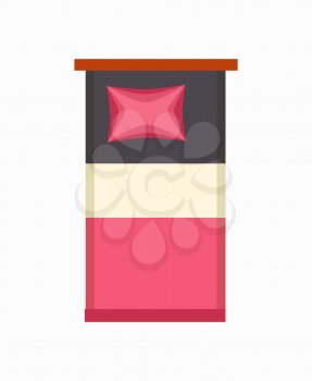 Top view on luxury bed for one with black linen, pink pillow and cover and white blanket. Vector illustration of bed with clean linen on white background