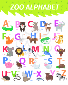 Zoo alphabet with cute animals cartoon vector. English letters set with funny animals isolated flat illustrations. Childrens ABC with mammal, bird, pet and caption for preschool education, kids books