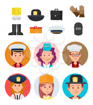 Boy mariner, girl stewardess, future chef, small police officer, girl builder and brave firefighter with special equipment vector illustrations set.