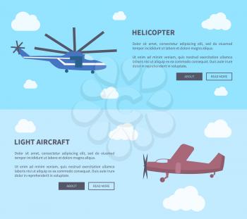 Helicopter and light aircraft set of banners with inscription. Vector illustration of plane and type of rotorcraft against sky background with clouds