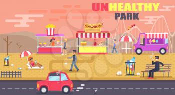 Unhealthy park banner, color vector illustration with sweets and hot-dog shops, lot of rubbish and unhealthy gases, park s landscape with pink sky