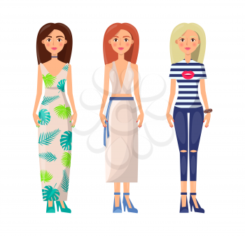 Girls in elegant stylish summer clothes set. Long dress with flower print, light skirt suit, ripped jeans and striped T-shirt vector illustrations.