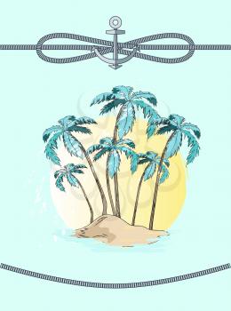 Palms and rope with anchor, high trees with broad leaves, decoration and frame, sea adventure and rest vector illustration isolated on blue background