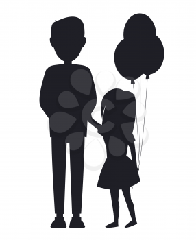 Daughter holding balls and her father, family card isolated on white background, abstract kid and parent silhouettes, happy family members, small girl