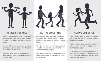 Set of active lifestyle cards vector illustration isolated on white backdrops, black text sample, silhouettes of doing varied sport activity families