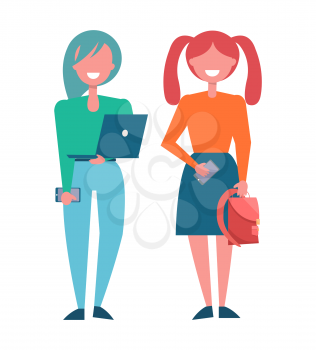 Modern girls students in fashionable cloth, vector illustration of smart schoolgirls with laptop and smartphones, holding backpack vector illustration