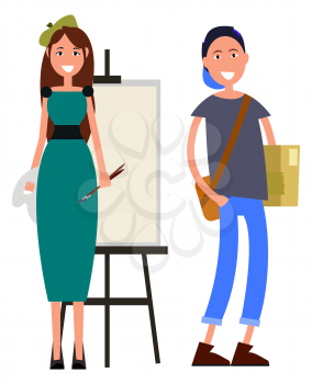 Painter with two brushes and student with brown briefcase color card. Smiling woman teach student to draw vector illustration