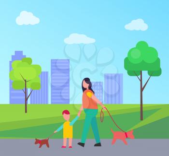 Mother and son walking little dogs on lead isolated vector illustration on skyscrapers in city park. Parent and young kid strolling with pets