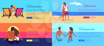 Romance honeymoon photos of happy couples on vacation at seaside that kiss on sunset, hug on beach and hold each others hands in ocean vector illustration
