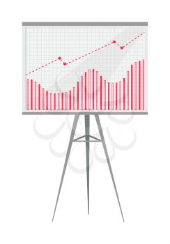 Graphic composed of bars and curve on big screen installed on tripod. Numeric data converted into graphical presentation isolated vector illustration.