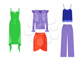 Set of mode clothing isolated on white backdrop, vector illustration with green dress with waving elements, lilac shirt and trousers, mode red skirt