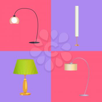 Lamps collection interior, office and table lamps shade, interior design and decor, icons vector illustration isolated on pink and purple background