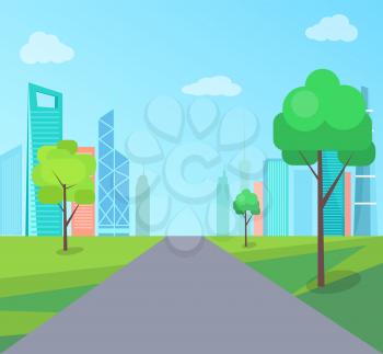 Green park in modern city with asphalt road. Long road through park with young trees. Nature and city center with skyscrapers vector illustration.